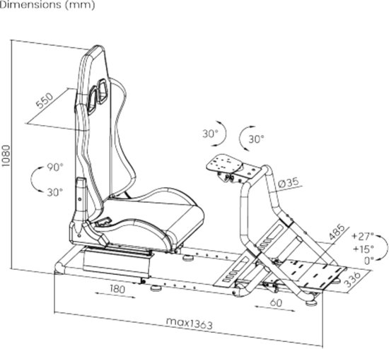Technische tekening van een racestoel op een rek met afmetingen en instelhoeken voor zitting en pedalen.