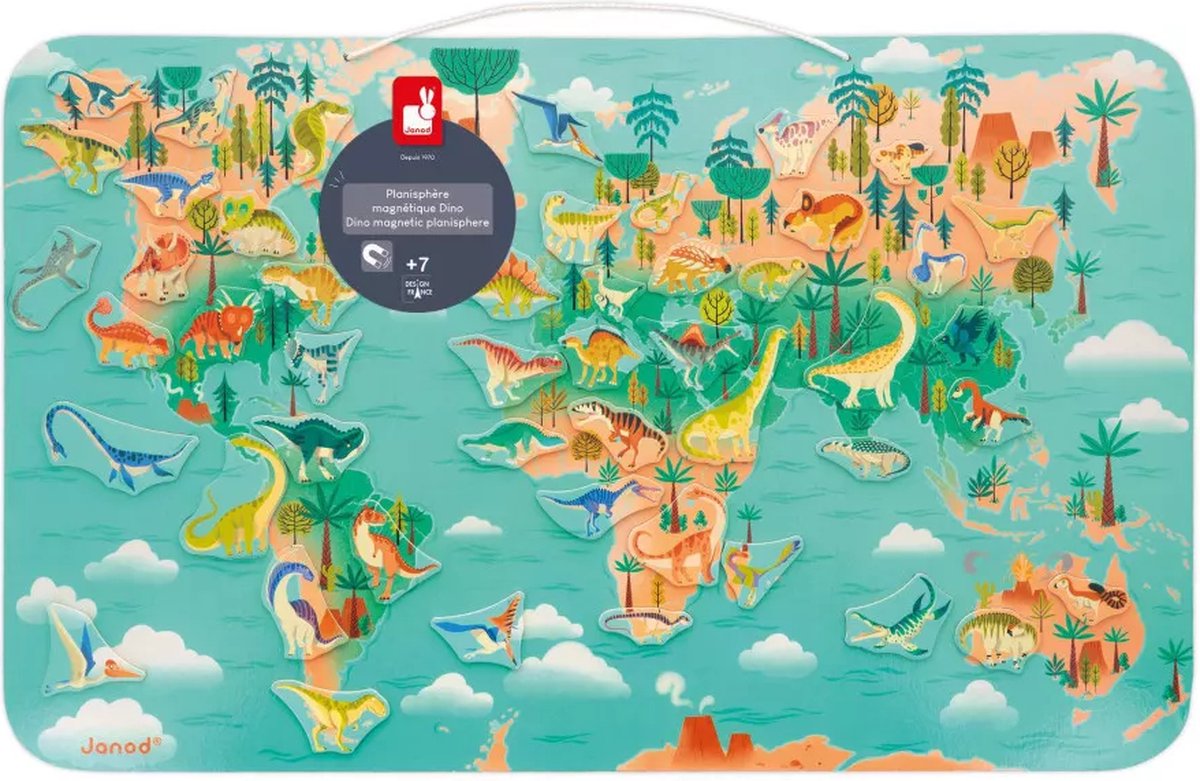 Janod - Dino - Magneetbord - 50 Dinosaurusmagneten wereldkaart