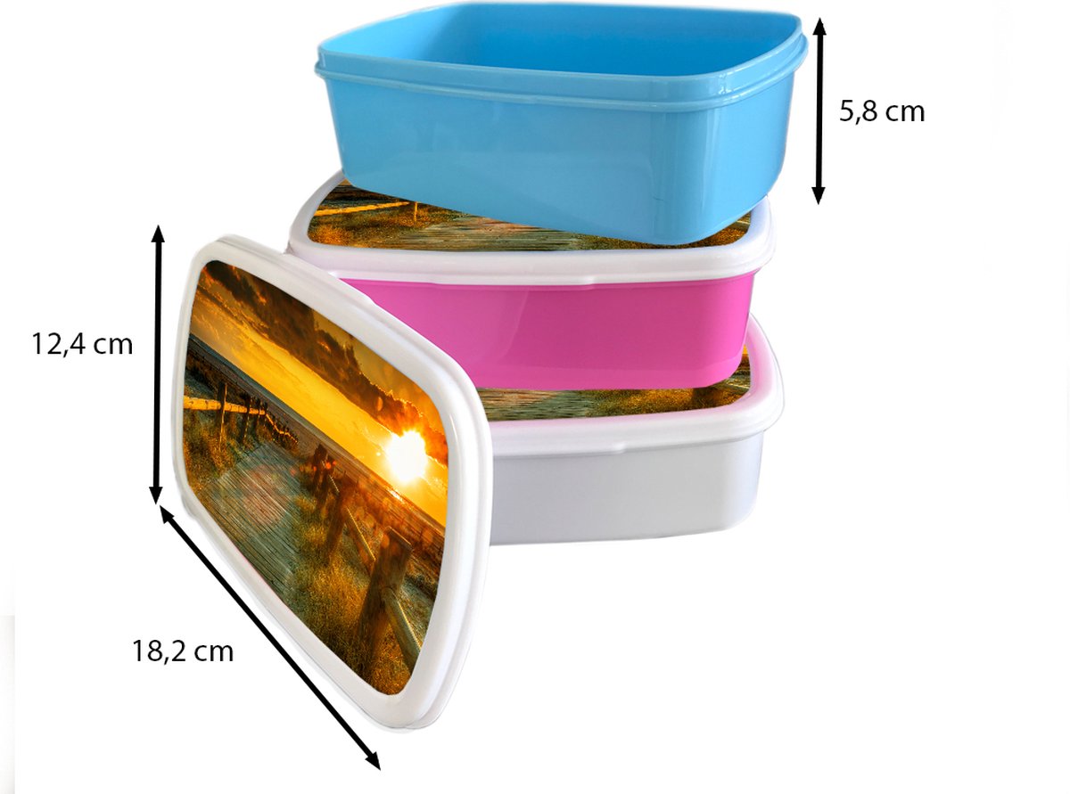 Broodtrommel Blauw - Lunchbox Zon - Strand - Duin - Horizon - Gras - Pad - Oranje - Brooddoos 18x12x6 cm - Brood lunch box - Broodtrommels voor kinderen en volwassenen