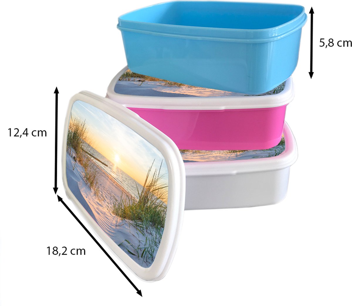 Broodtrommel Wit - Lunchbox Strand - Zon - Duin - Gras - Zand - Horizon - Brooddoos 18x12x6 cm - Brood lunch box - Broodtrommels voor kinderen en volwassenen