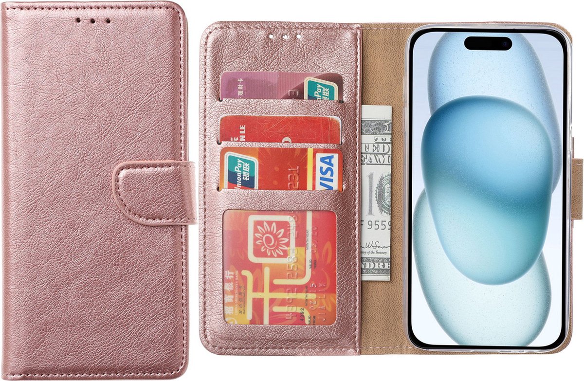 Hoesje Geschikt voor iPhone 15 Plus – Arara bookcase met pasjeshouder- Rosegoud