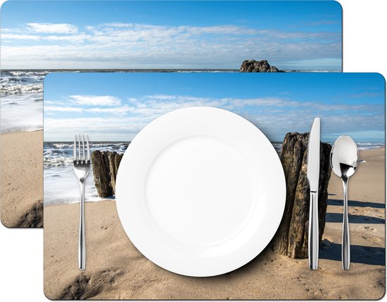 Placemats - 6 stuks - 45x30 cm - Placemat kunststof - Zand - Strand - Paal - Water - Zomer - Borden onderleggers - Decoratie voor op tafel - Keuken tafeldecoratie accessoires - Vinyl onderlegger - Tafelversiering