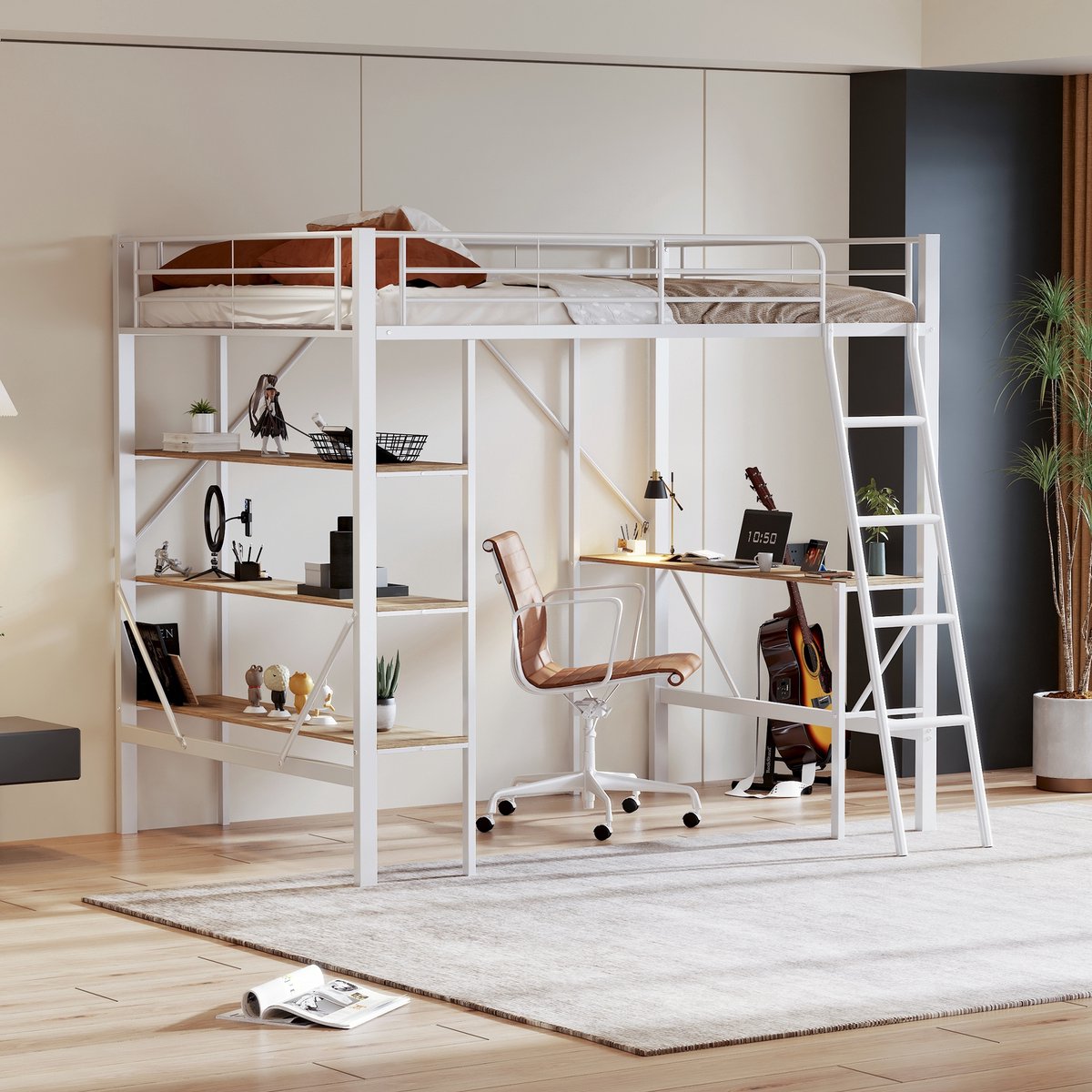 Sweiko 90x200cm Hoogslaper, Bed frame Metalen bed, Ijzeren bed, Loft bed met Bureau en 3 Grote planken voor Kinderen, Tieners en Volwassenen, Wit