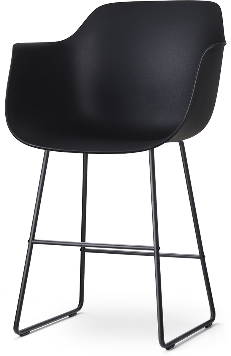 Nolon Nino-Puk Barkruk Zwart - met Armleuning - Kunststof - Zwart Onderstel - 65 cm - Kookeiland - Barkruk met Rugleuning Zwart - Zwart onderstel