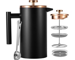 RVS 1 liter Koffiepers 6 kopjes - French Press Thermo koffiepers - Dubbelwandig geïsoleerd - Zwart
