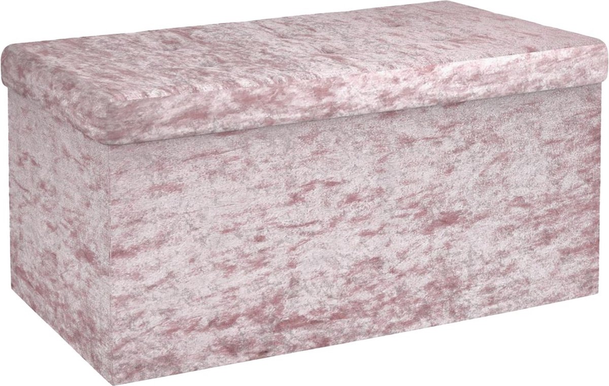 Intirilife Opvouwbare bank 76x38x38 cm in fluweel rosé - zitkubus met opbergruimte en deksel met fluwelen hoes - zitkubus voetensteun opbergkist zitkruk
