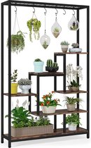 TRIBESIGNS Plantenrek - Plantenstandaard - Plantenrek voor binnen - Plantenrek met 5 niveaus en 10 S-haken - Bruin/Zwart - 100 x 30 x 180 cm