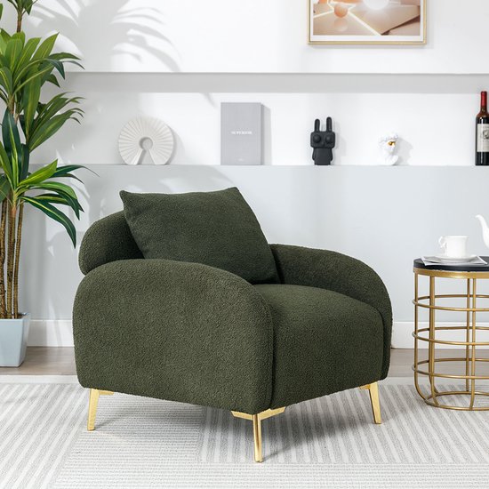 Foto: Komhtom loveseat bank fauteuil chair teddy moderne en sobere fauteuil in stof met groen vergulde metalen poten