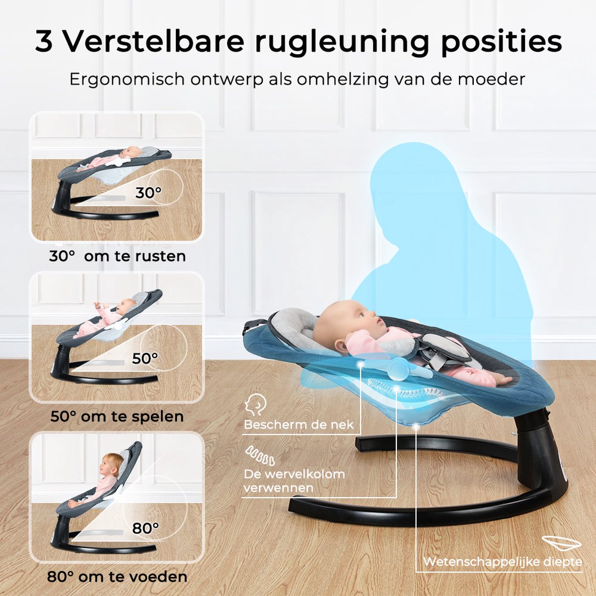 Elektrische Wipstoel - met Timer Afstandsbediening Bluetoothmusic - 5 Zwenksnelheden en 3 Zitposities - Babyschommel - Donkergrijs thumbnail 4