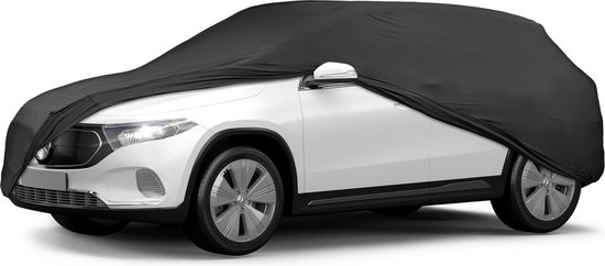 Zwarte indoor stretch autohoes over een witte SUV, zijkantaanzicht.