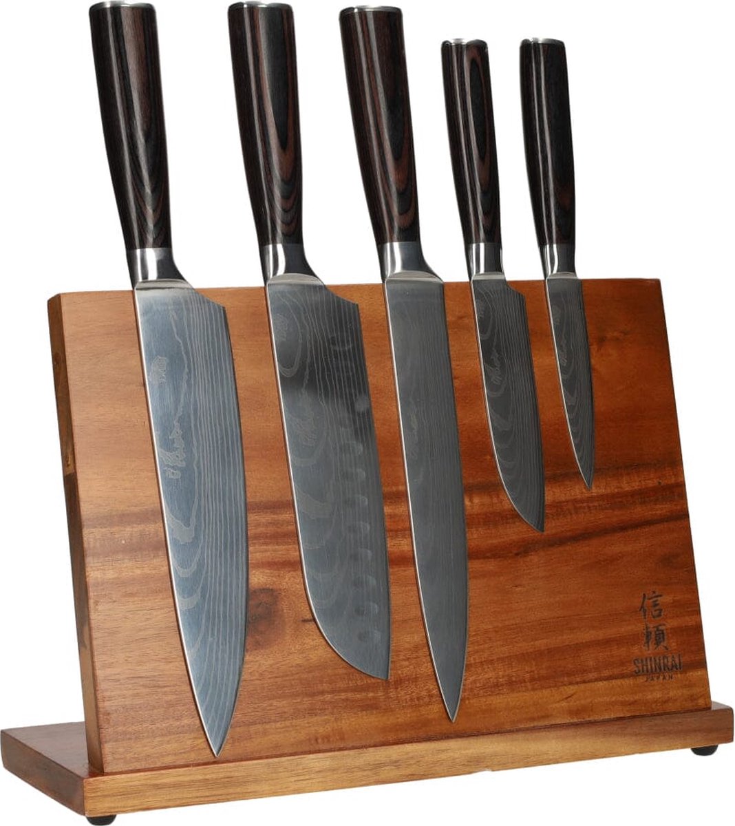 5-delige Japanse messenset damascus print + acacia houten messenhouder