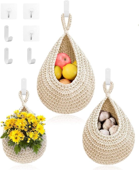 AUSYIWI 3 stuks hangmanden, keuken, fruitset, handgeweven katoenweefsel, hangende hangende manden, plantenmand, hangend, met 3 haken, voor keuken, groenten, groenten, wandplanten