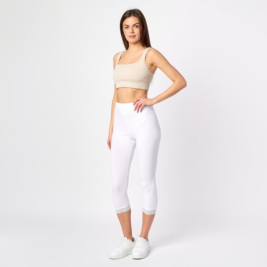 Merry Style MS-MS10-224-LE Dames Capri Leggings met Kant - Sport - Vrijetijdsbroek - 3/4 Lengte - Katoen - Wit - L