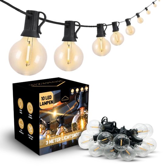 Doos met 10 LED lampen, 3 meter lichtsnoer. Boven een openlucht lichtsnoer met 10 lampen. Zachte warme gloed.