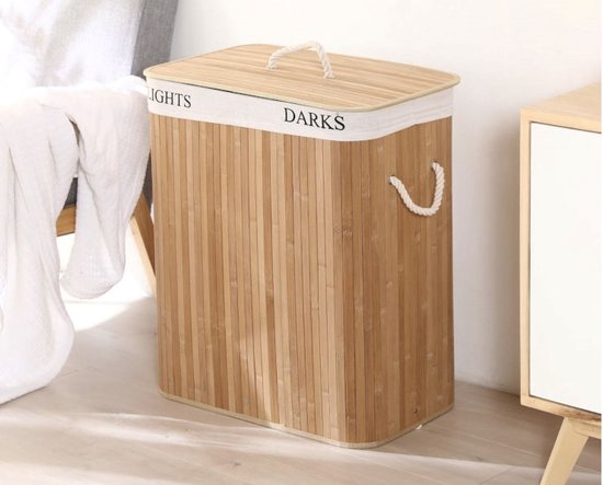 Panier à linge en bambou, collecteur de linge avec 2 compartiments, XL 100, panier à linge pliable en Bamboe , 40L x 60W x 30H