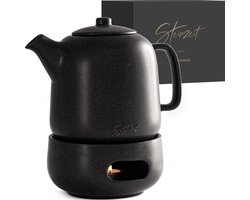 STEINZEIT Design theepot met warmhouder (1,3L) - Theepot met filter van roestvrij staal 304 - theekan met kaarswarmer, keramiek met uniek glazuur met uitneembare zeef, zwart