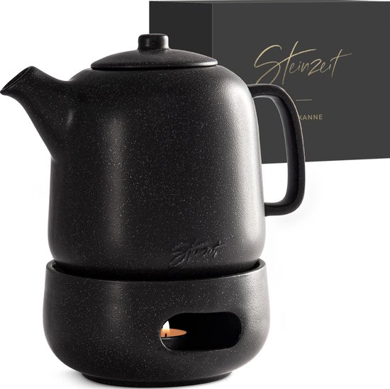 STEINZEIT Design theepot met warmhouder (1,3L) - Theepot met filter van roestvrij staal 304 - theekan met kaarswarmer, keramiek met uniek glazuur met uitneembare zeef, zwart