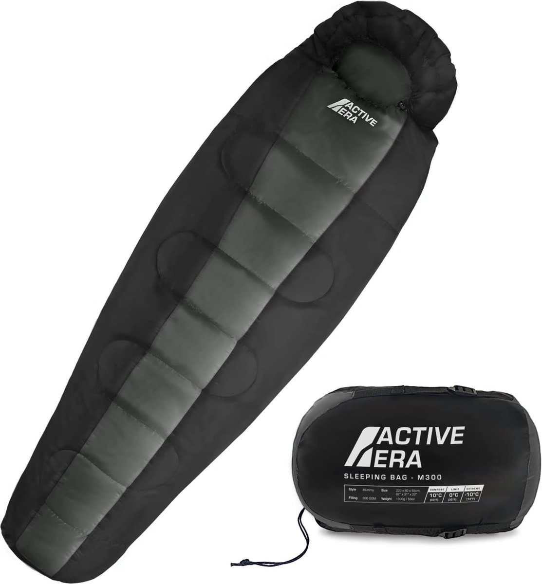 Active Era Professional Premium Slaapzak – 300 GSM Vulling en Waterafstotend – Mummieslaapzak met Binnenzak – 4 Seizoenen voor Kamperen Camping Backpacken Hiken Festivals Logeren Buitenhuis – Volwassenen & Kinderen – 220x80cm – Zwart