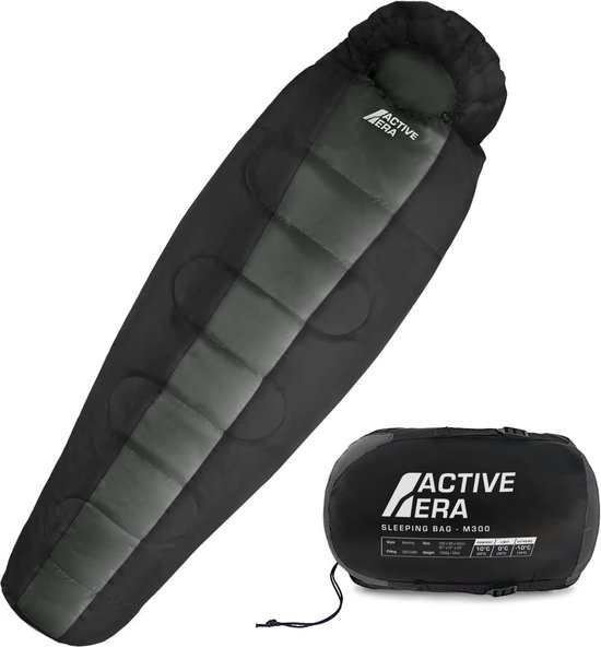 Active Era Professional Premium Slaapzak – 300 GSM Vulling en Waterafstotend – Mummieslaapzak met Binnenzak – 4 Seizoenen voor Kamperen, Camping, Backpacken, Hiken, Festivals, Logeren, Buitenhuis – Volwassenen & Kinderen – 220x80cm – Zwart