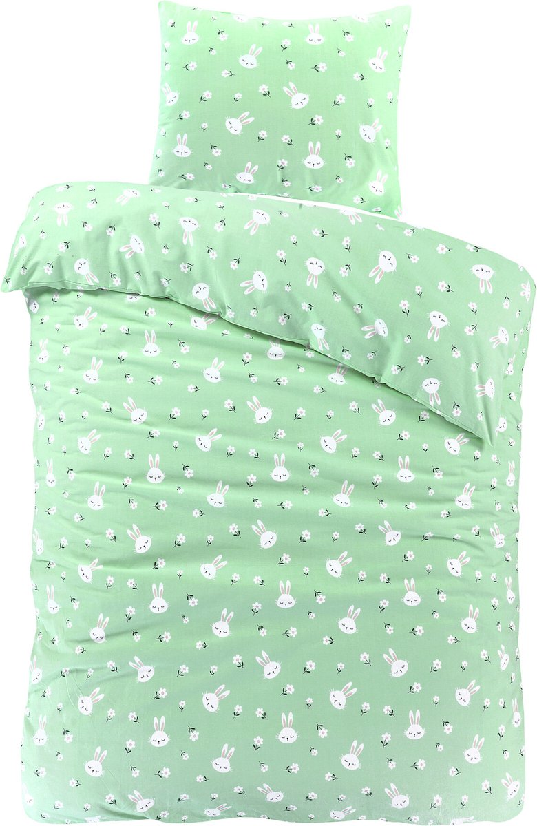 decoware Kinderdekbedovertrek Bunny 140x200 cm - Katoen - Eenpersoons - Dieren Thema - Met Kussensloop Groen