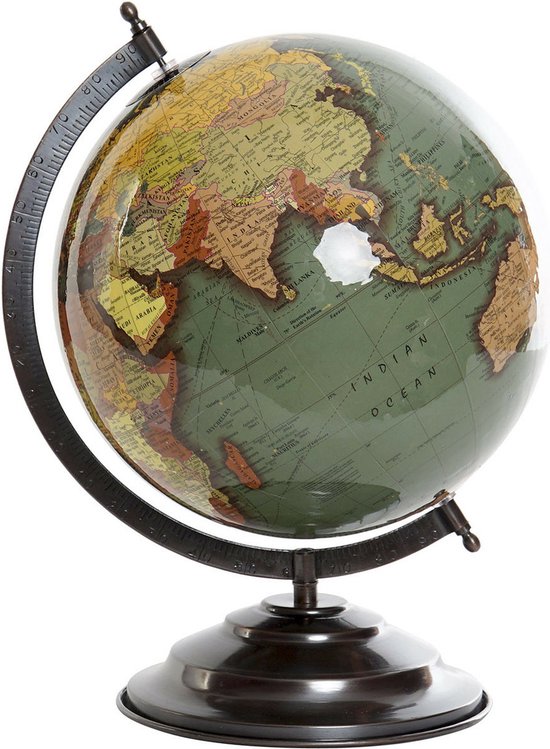 Foto: Items deco wereldbol globe op voet kunststof groen zwart home decoratie artikel d25 x h35 cm