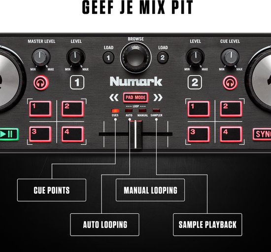 Detail van de Numark DJ2GO2 Touch DJ-controller, met focus op bedieningselementen zoals cue points, auto looping, manual looping en sample playback.