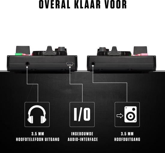 Achterkant van de Numark DJ2GO2 Touch DJ-controller, met 3.5mm koptelefoonuitgang, audio-interface en 3.5mm hoofdtelefoonuitgang.