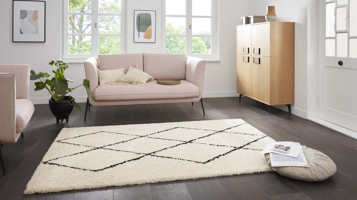 Hoogpolig vloerkleed ruiten Moss - crème 120x170 cm
