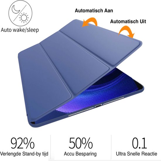 Blauw tablethoesje met automatische aan/uit-functie en informatie over batterijduur.