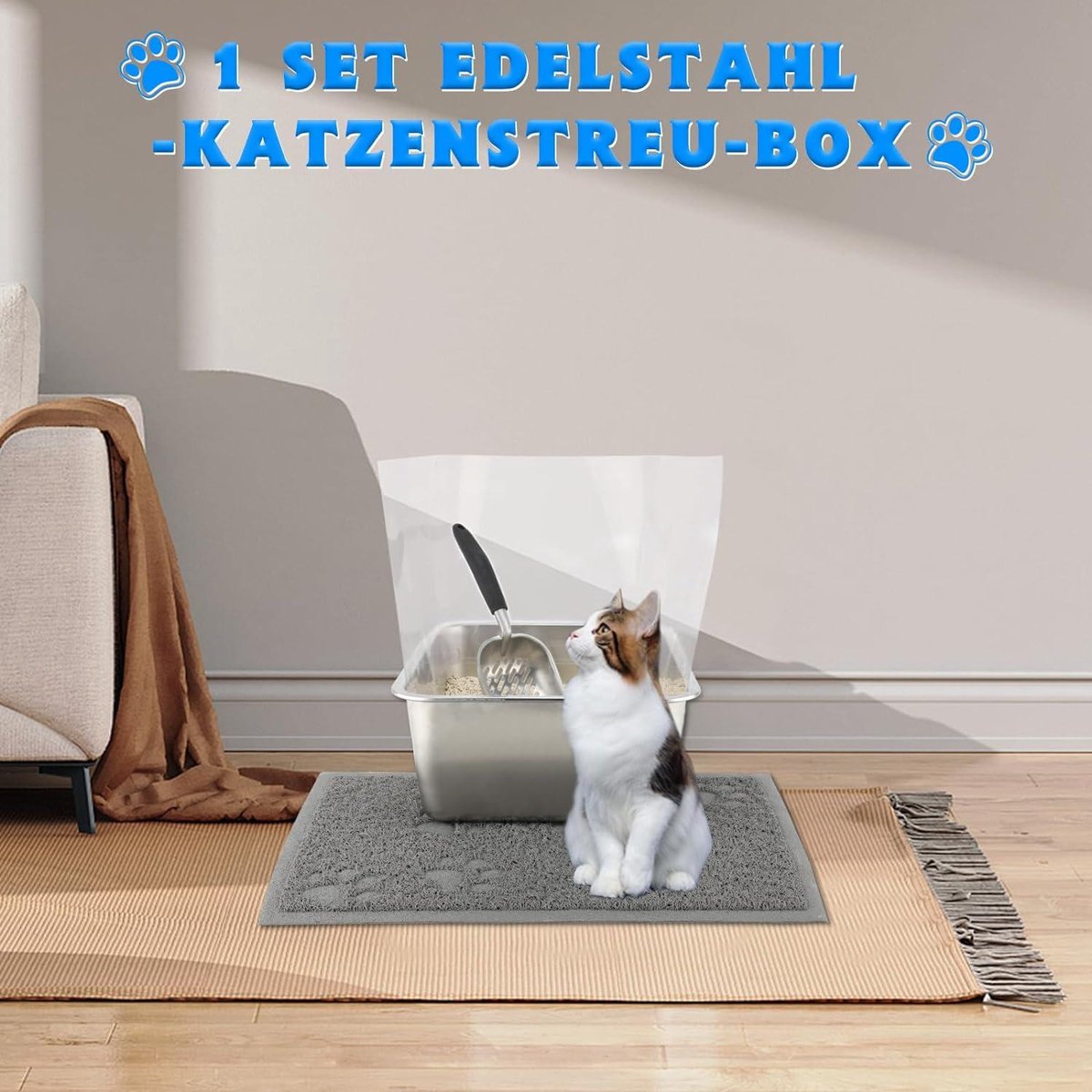 Suhaco Kattenbak van roestvrij staal, 50 x 35 x 15 cm, hoogzijdige