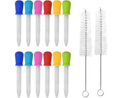 Pipetflesje 5 ml - 12 stuks vloeibare druppelaars en 2 borstels - siliconen en plastic pipetten met boltip - voor snoepolie keuken kinderen gummibeer maken - knutselprojecten - 6 kleuren