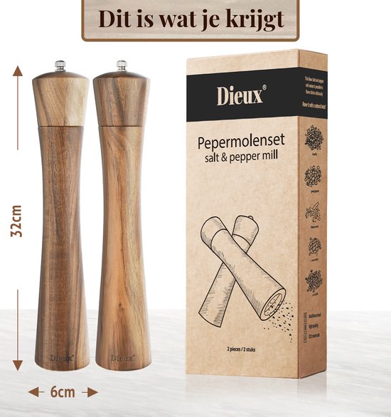 Set van twee houten peper- en zoutmolens van 32 cm hoog, 6 cm breed. De verpakking toont illustraties van kruiden en de tekst "Pepermolenset salt & pepper mill".