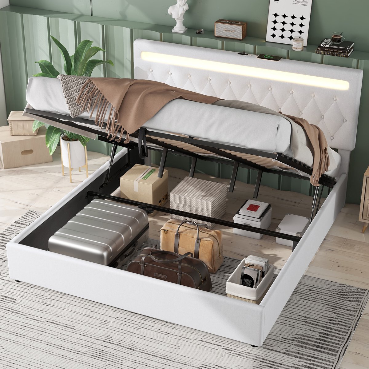 Sweiko 180*200 cm Tweepersoonsbed, Plat bed, Gestoffeerd bed, Sfeerverlichting op het bed, Afstandsbediening met 24 toetsen, bed kan omhoog en omlaag, USB- en C-aansluiting op het bed, grote opbergruimte, Wit