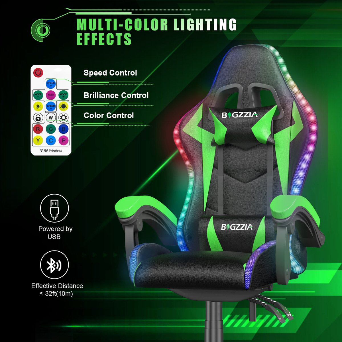 Gaming stoel met LED lichteffecten - Ergonomische Bureaustoel - Verstelbare rugleuning - LED Gaming stoel met lendensteun en hoofdsteun - Zwart en Groen – foto 2