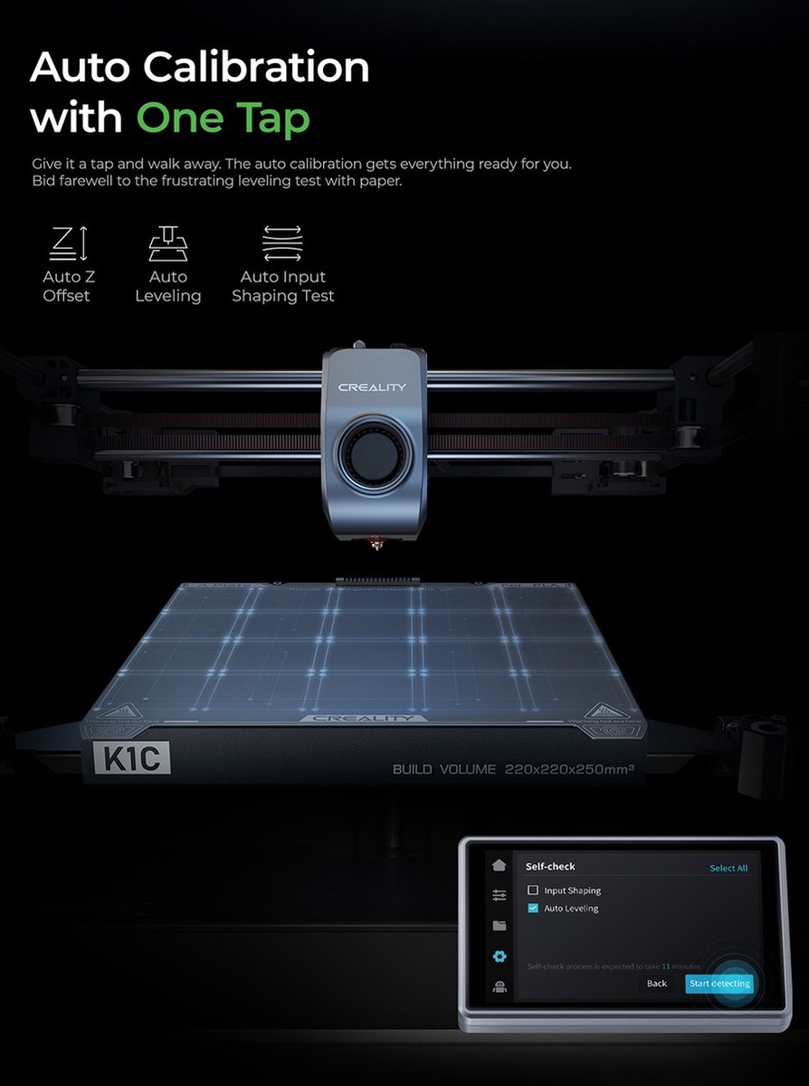 Creality K1C 2026 3D-printer, 600 mm/s hogesnelheidsafdrukken, 0,1 mm precisie, 220x220x250 mm bouwvolume, 300°C spuitmond, AI-camera en automatische kalibratie, compatibel met PLA/PETG/TPU/ABS/ASA — afbeelding 4