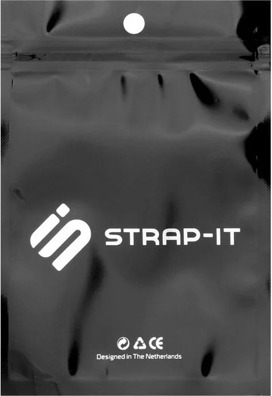 Zwarte verpakking van 'in STRAP-IT' met logo, CE-markering en 'Designed in The Netherlands'.