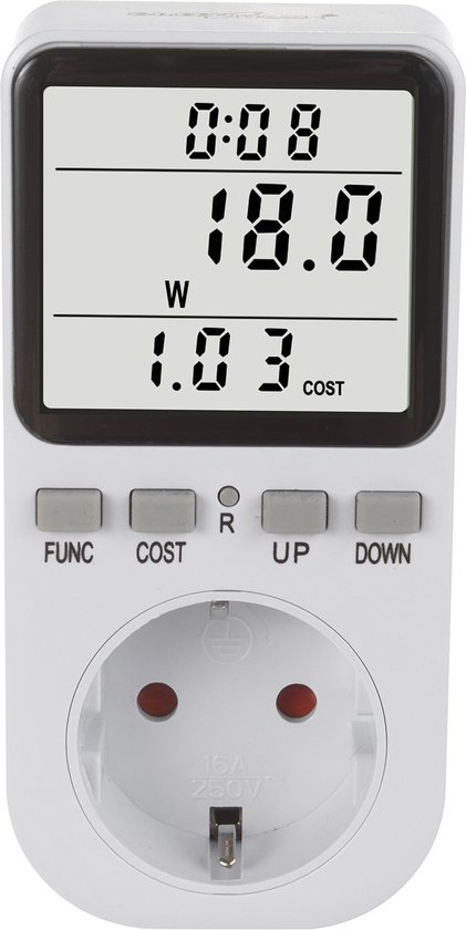 GreenBlue - Energiemeter – Verbruiksmeter - wattmeter - Elektriciteitsmeter – Energiekosten- type F, 220-240V AC, 50Hz, max. belasting 16A, IP20, ingebouwde batterij, GB364 F - Voor Nederland
