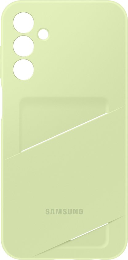 Lichtgroene Samsung hoes met een gleuf voor kaarten en een Samsung logo.
