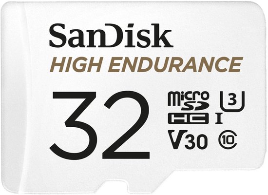 SanDisk High Endurance 32GB microSD-kaart. Wit met zwarte tekst en logo's.