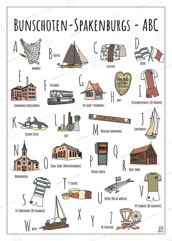 ABC Poster Bunschoten-Spakenburg - 30 x 40 cm - Educatieve Letterposter met Handgetekende Illustraties - Kinderkamer & Wanddecoratie - Woondecoratie - Relatiegeschenk