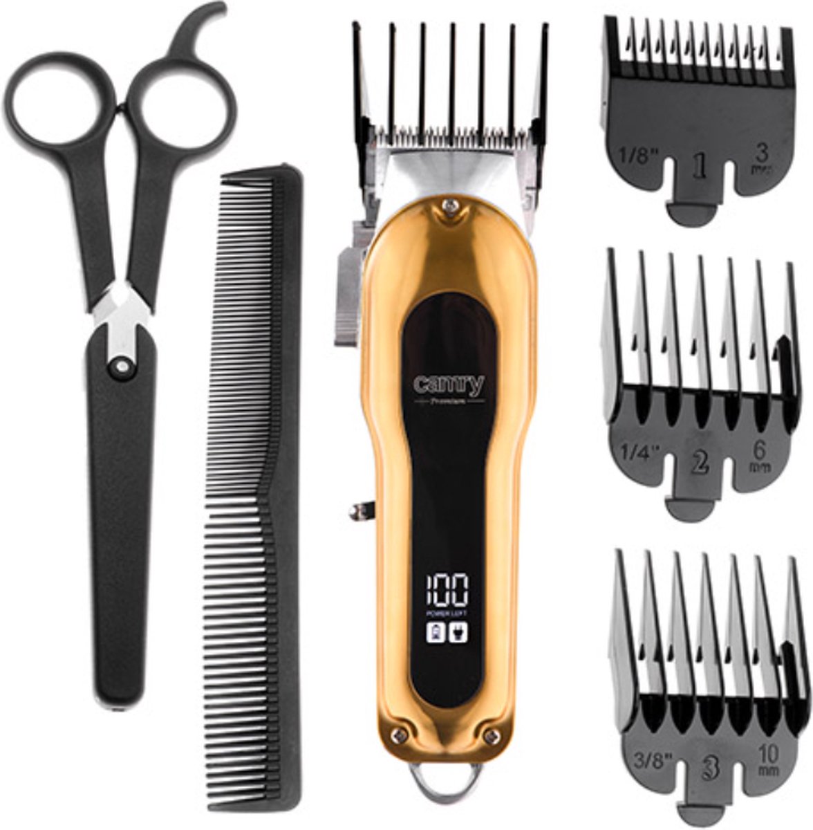 Camry Tondeuse Premium Krachtig Scheerapparaat Mannen Hoofdhaar Trimmer Baarden En Snorren Heavy Duty Design USB Opladen Inclusief Accessoires 200 Minuten Werktijd 2000 mAh Luxe Giftbox Goud