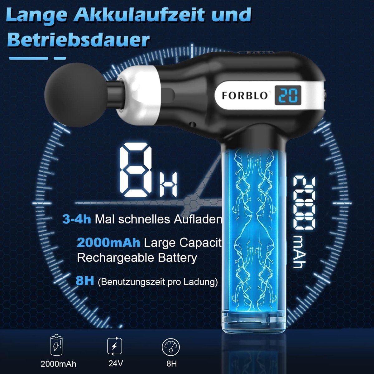 Afbeelding 3 van Massagepistool met 20 snelheden en 6 massagekoppen - Elektrisch massageapparaat voor nek en rug - Cadeau voor vrouwen en mannen