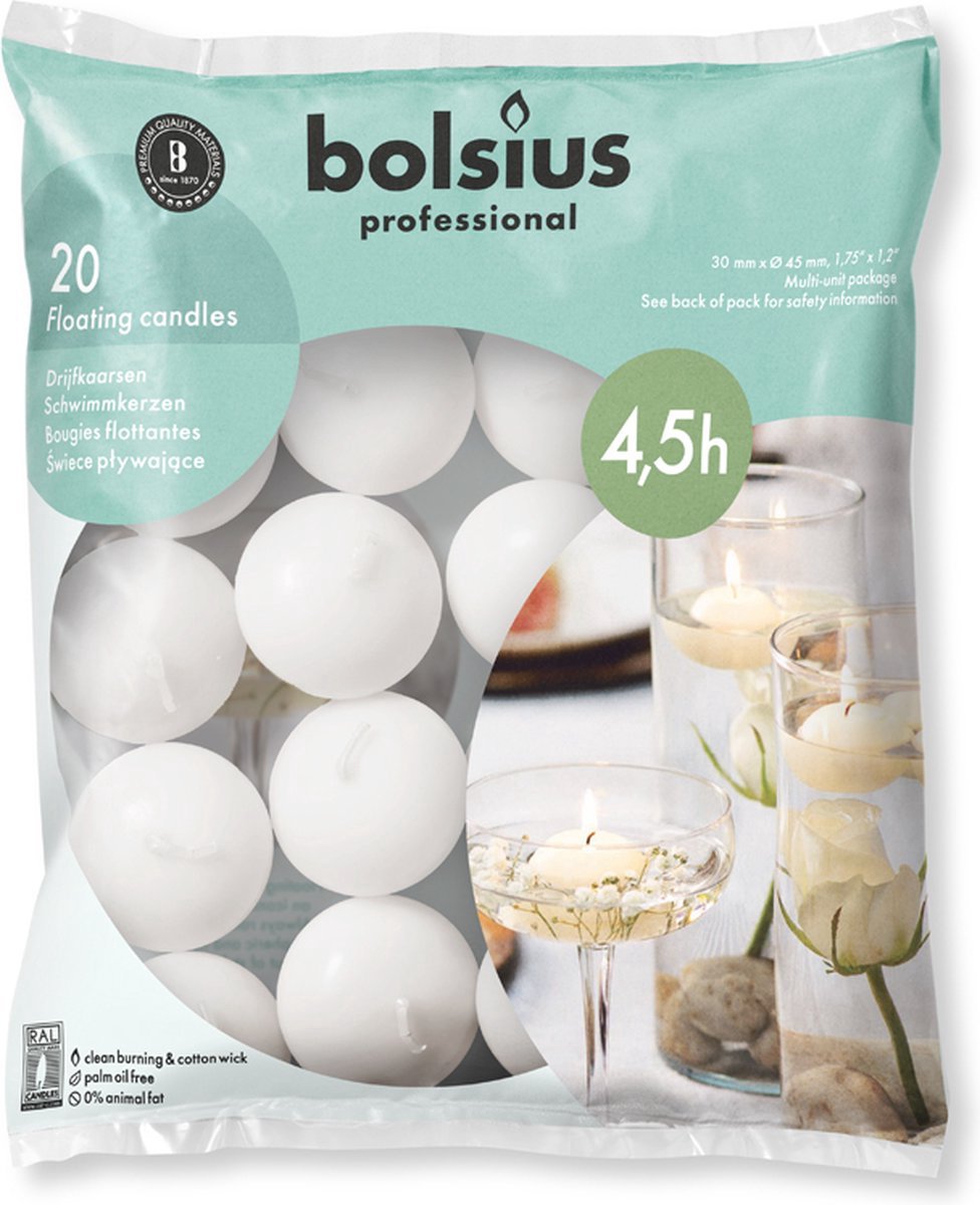 16 zakken met 20 stuks Bolsius witte (4 uur) drijfkaarsen = 320 stuks