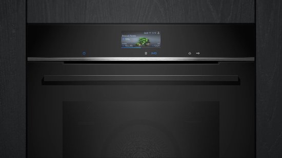 Zwarte inbouwoven met een digitaal display dat 'Broccoli florets' toont.