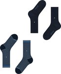 Twee paar donkerblauwe sokken. Eén paar effen donkerblauw, het andere paar heeft horizontale strepen in donkerblauw en grijsblauw.