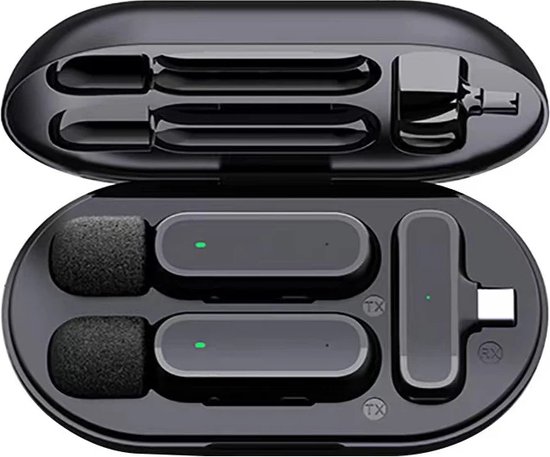 Foto: Repus 360 hd draadloos lavalier dubbel mini microfoon oplaad case set van 2 mic plug play opname livestream vlog audio video tiktok dasspeld microfoon geschikt voor android apple iphone 15 usb c