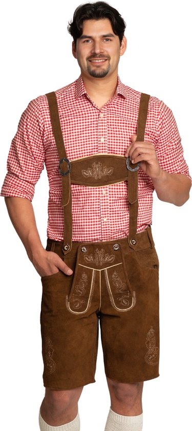 Oktoberfest Lederhose Flachau met Bretels Kort 100% Echt leder Oktoberfest Heren Carnavalskleding Heren Lederhosen Man - Leer - Donkerbruin - 3XL