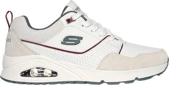 Sneaker blanc avec daim beige, passepoil rouge et coussins d'air. Logo Skechers sur le côté.