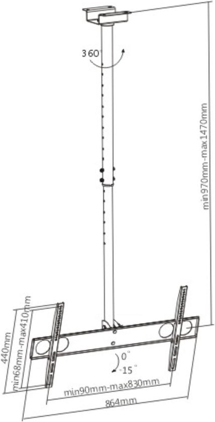 Technische tekening van een zwarte plafond tv-beugel met afmetingen.