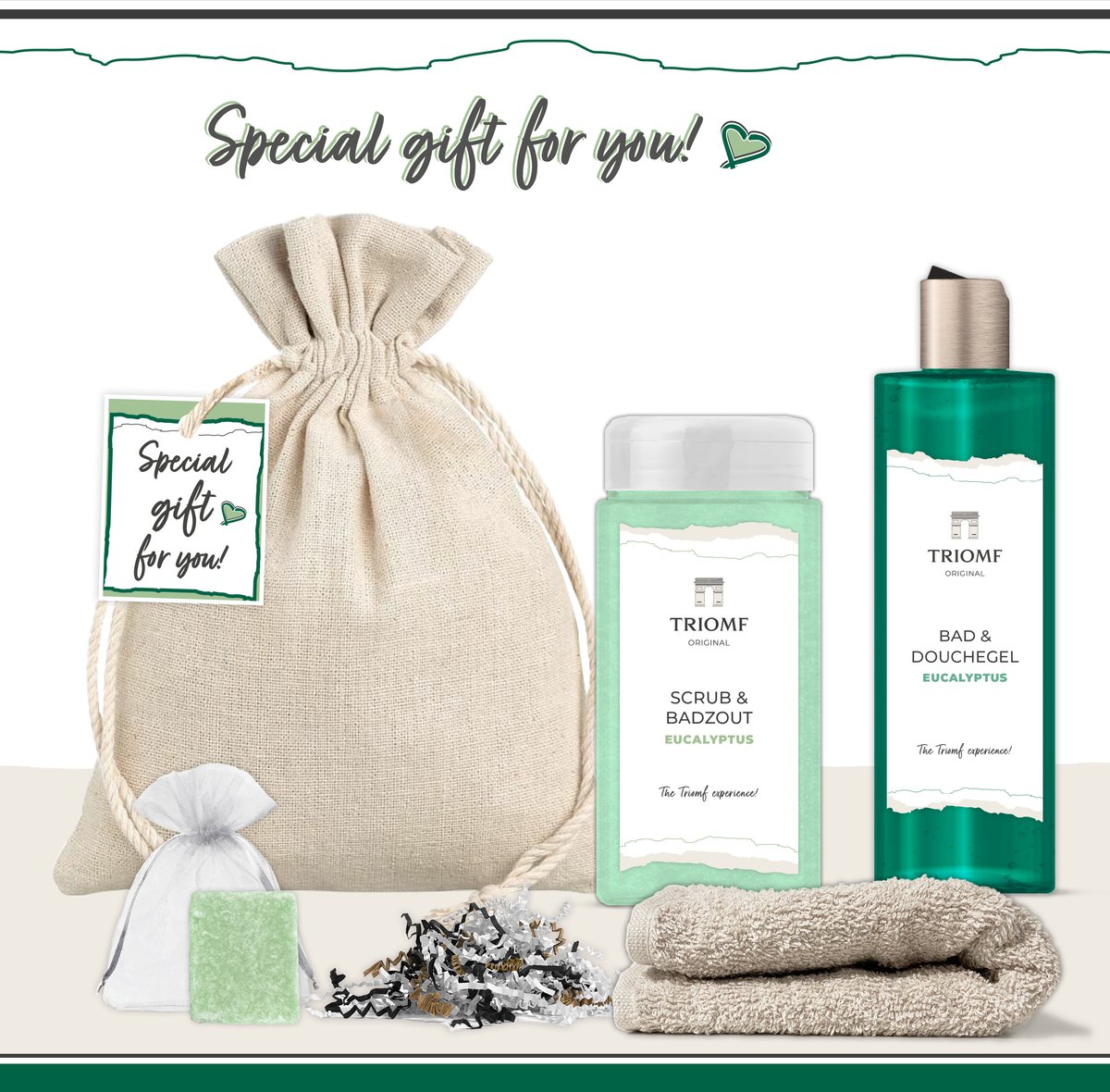 Goedkoopste Geschenkset “Special Gift for You!” - 5 producten - 1000 gram | Triomf Original - Giftset Eucalyptus voor haar - Cadeau Speciaal voor jou - Luxe wellness cadeaubox Sauna - Cadeaupakket Vrouw - Geschenk Gift Set Douchegel - Verjaardag - Kerst Pakket